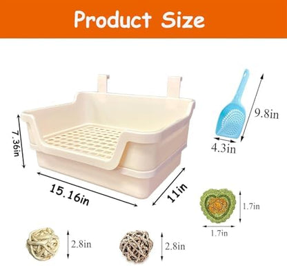 Extra Large Rabbit Litter Box with Splash Guard & Removable Tray - Double Layer Small Animal Cage Toilet for Guinea Pigs, Chinchillas, Ferrets - Chew-Proof Plastic + 2 Hooks (15.7" Jumbo, Beige)