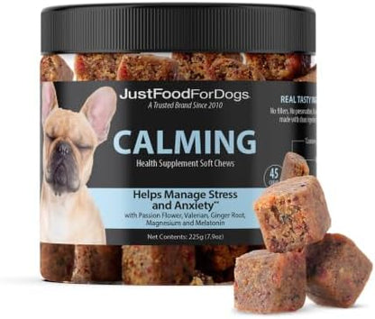 JustFoodForDogs Calming Supplement for Dogs, Dog Melatonin Supplement -45ct