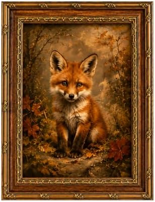 Framed Vintage Style Wall Art Cute Fox in a Rustic Forest Setting Canvas Print Poster Farmhouse style artwork suitable for bedroom or living room 12x16 inches ready to hang or display on a tabletop