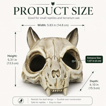 Reptile Hide Cave, Fox Skull Design, Resin Hideout for Leopard Gecko, Snake & Lizard, Multi-Entry Terrarium Shelter,5.31“ × 5.83” × 6.1"(Fox Skull)