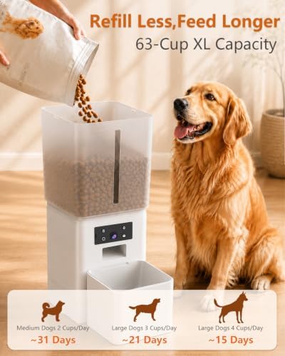 15L Automatic Dog Feeder Large Breed: 63 Cup Capacity for Kibble up to 22mm