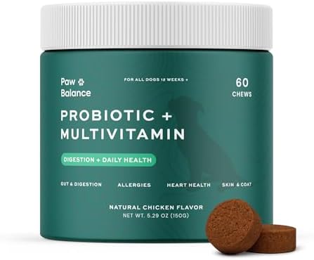 Dog Probiotics and Multivitamin Chews for Digestive Health, Immune Support, Gut Health, Allergy Support, Dog Vitamins, with Vitamin C, Omega 3, Colostrum, 60 Soft Chews per Jar