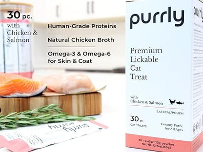 Purrly Hydrating Wet Cat Treat Snack Topper Creamy Purée Human-Grade Chicken Breast & Salmon with Omega-3 & 6 for Skin & Coat (30 Count) Healthy Lickable Squeeze Soft Training Snack Low-Phosphorus