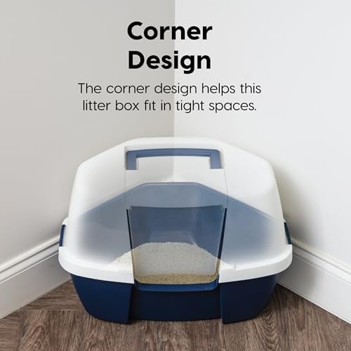 IRIS USA Large Corner Cat Litter Box, Space Saver, Navy/White