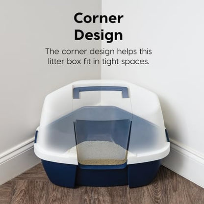 IRIS USA Large Corner Cat Litter Box, Space Saver, Navy/White