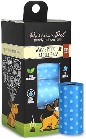 Parisian Pet Ecofriendly Dog Poop Bags Rolls - 160 Count Unscented Poop Bags For Dogs - Leakproof, Extra Thick, 8 Dog Waste Bags Refill Rolls - Polka Dot Blue Doggie Poop Bags - Fits All Dispenser