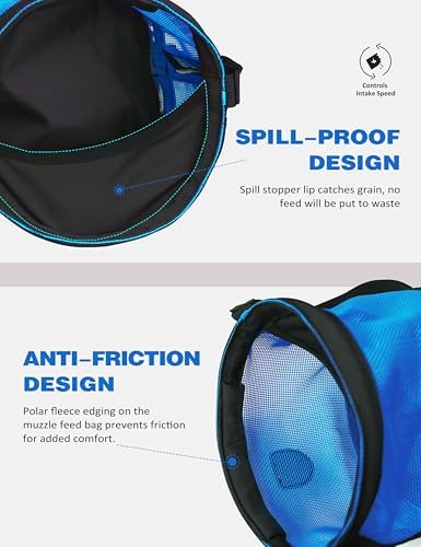 Harrison Howard Horse Muzzle Feed Bag Nylon Mesh Grain Feed Bag with Padded Neck Strap Adjustable Belt Blue Small