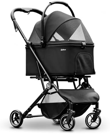 4 Wheels Pet Stroller, Dog Stroller for Small/Medium Dogs and Cats up to 33 lbs, One-Click Fold & Draggable, Removable Carrier, Zipperless Entry, Mesh Windows, Black