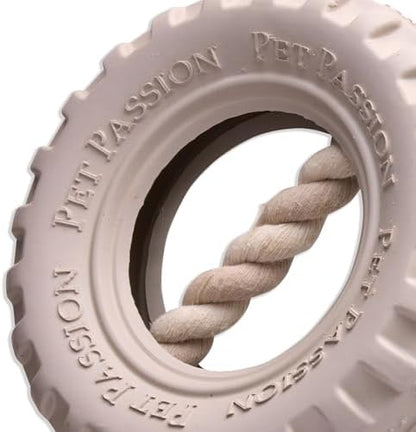 Pet Passion Natural Rubber Tire and Organic Cotton Rope Pull and Chew Dog Toy for All Pet Breeds, Almond Milk, Small