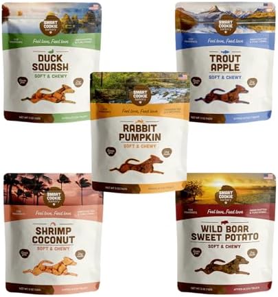 Smart Cookie Healthy Soft Dog Treats Variety Pack - Rabbit, Trout, Wild Boar, Duck & Shrimp - Grain Free Limited Ingredient Training Treats for Dogs with Sensitive Stomach & Allergies, Made in USA