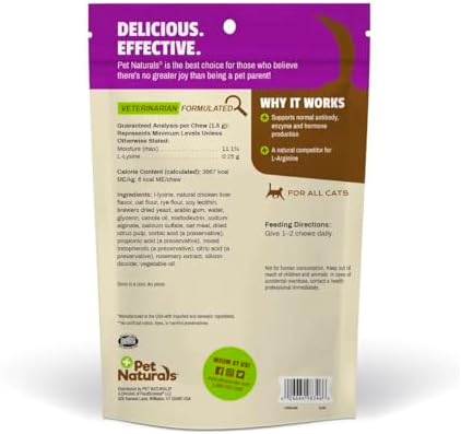 Pet Naturals Lysine for Cats,Chicken Flavor,60 Chews - Immune and Respiratory Support for Cats - No Wheat or Corn - Vet Recommended,(Pack of 2)