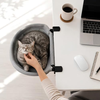Desk Cat Bed Attachment with Sturdy Steel rame Holds Up to 40 lbs, Foldable 90° Space-Saving Design, Washable Covers for Summer & Winter, Rubber Grip & Easy No-Drill Setup