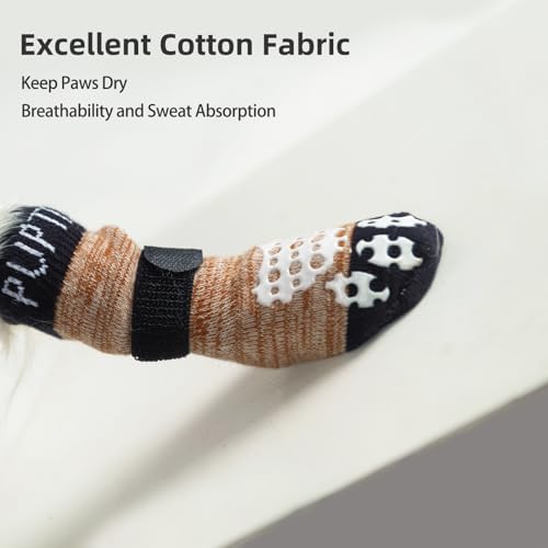 PUPTECK Anti-Slip Dog Socks with Double Sides Grips for Small Medium Large Dogs Hardwood Floors Prevents Licking, Dog Shoes for Hot Pavement Traction Control Paw Protector for Senior Dogs, Khaki L