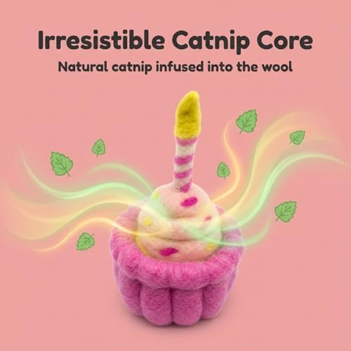 Glaciart One Wool Cat Birthday Cake Toy – Handmade Plush Catnip Design, Interactive Play for Indoor Cats, for Kittens & Cat Lovers