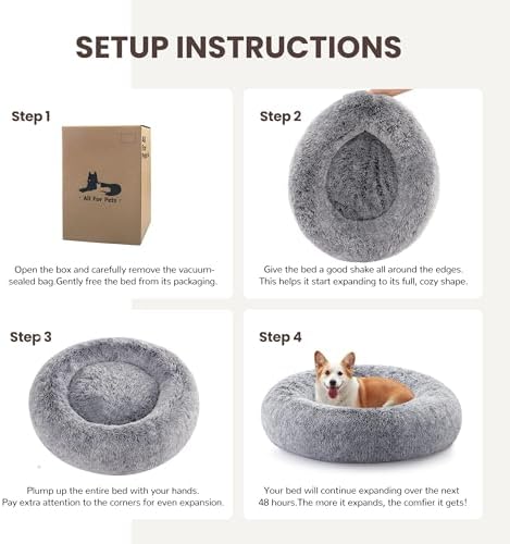 Donut Dog Bed Medium Size Dog 36 Inch, Round Cat Beds for Small Medium Dogs and Cats with Washable Fluffy Faux Fur, Cute Comfort Pet Bed with Anti-Slip Bottom, Grey