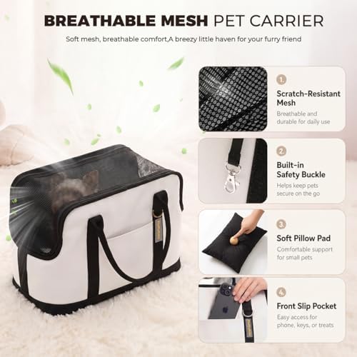 JourCraf Dog Carrier for Small Dogs, Soft Sided Cat Carrier with Hard Bottom, Breathable Mesh Top, Safety Leash, Padded Shoulder Strap, Fits Pets up to 13 lbs, for Travel, White