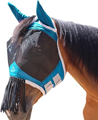 Harrison Howard CareMaster Horse Fly Mask with Ears and Nose Fringe Fly Protector Defender Mask Sky Blue M Cob