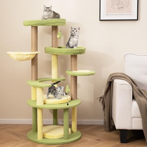 PETSITE 51-inch Avocado-Themed Cat Tree, Multi-Level Modern Cat Tower with Jute Scratching Posts, Avocado-Shaped Dangling and Spring Toy, and Removable Cushions, Cute Cat Tree Tower for Indoor Cats