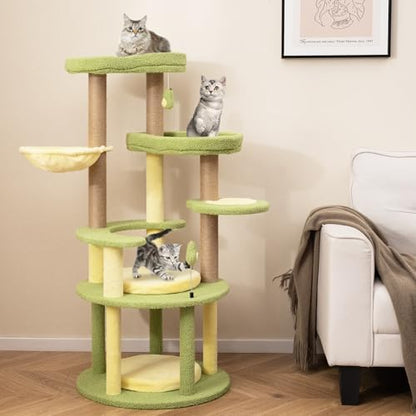 PETSITE 51-inch Avocado-Themed Cat Tree, Multi-Level Modern Cat Tower with Jute Scratching Posts, Avocado-Shaped Dangling and Spring Toy, and Removable Cushions, Cute Cat Tree Tower for Indoor Cats