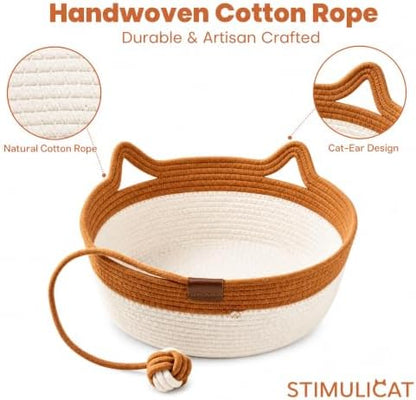 Handwoven Cat Basket Bed, Natural Cotton Rope Cat Bed with Hanging Ball Toy, Breathable Woven Cat Nest,Scratchable Basket for Sleeping, Playing and Relaxing (Green Medium(0-15 lbs |16.5"Wide))