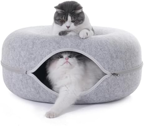 Large Cat Tunnel Bed for Indoor Cats with 3 Toys, Scratch Resistant Donut Cat Bed, Up to 30 Lbs (L 24x24x11, Light Grey)