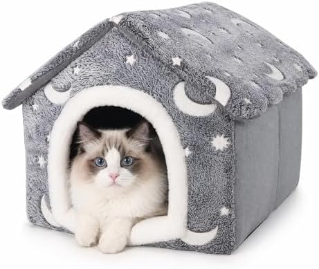 PAWISE Glow in the Dark Cat Bed, Foldable Cat Cave House Tent for Indoor Cats with Stars Moon Print, Soft Warm Washable Kitty Hideaway Nest, Cozy Pet Hut (15.7"x14.5"x13.5")