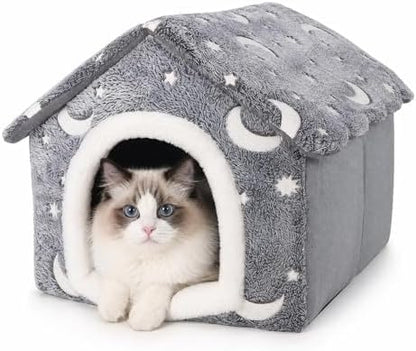 PAWISE Glow in the Dark Cat Bed, Foldable Cat Cave House Tent for Indoor Cats with Stars Moon Print, Soft Warm Washable Kitty Hideaway Nest, Cozy Pet Hut (15.7"x14.5"x13.5")
