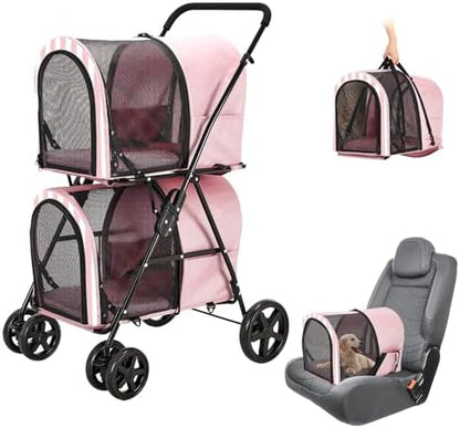 Double Pet Stroller for 2 Cats or 2 Dogs with Detachable Carriers