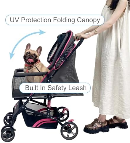27.2” Buddy Buggies Foldable Pet Stroller - Shock Absorbing Frame with Storage - Machine Washable Fabric - Durable Mesh & UV Protected Retractable Canopy - Cat & Dog Stroller Up to 60lb