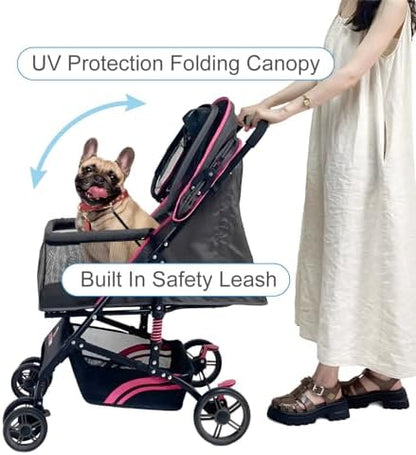 22” Buddy Buggies Foldable Pet Stroller - Shock Absorbing Frame with Storage - Machine Washable Fabric - Durable Mesh & UV Protected Retractable Canopy - Cat & Dog Stroller Up to 30lb