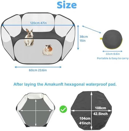 Amakunft 2 in 1 Small Animal Playpen with Waterproof Pad, Pop-Up Portable Play Yard for Guinea Pigs, Rabbits, Hamsters, Hedgehogs, Foldable Exercise Fence with Breathable Mesh for Indoor Outdoor Use