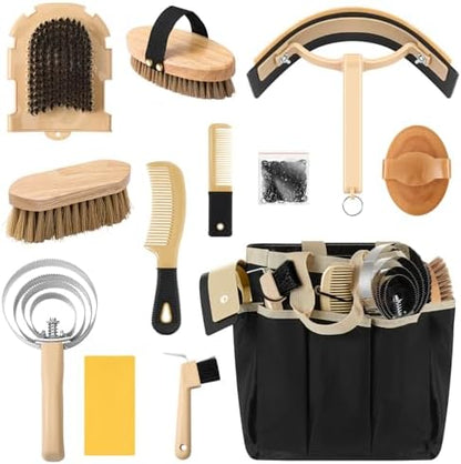 Abbylike 12 Piece Horse Grooming Kit with Organizer Tote Bag Brush Sets for Derby Day Show Horses Professional Tools for Care & Massage(Khaki and Black)