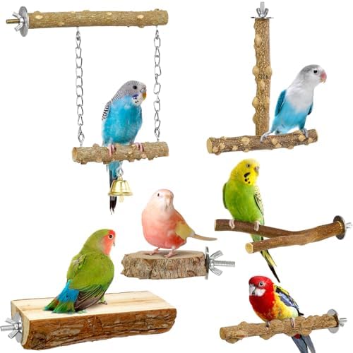 Bird Perches, 6pcs Natural Wood Birds Stand Branch, Bird Perch Chewing Stick Cage Accessories Parrot Climbing Standing Branches Paw Grinding Fork Sets for Parakeet Lovebirds Cockatiels