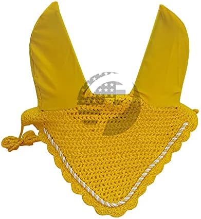 Horse Ear Bonnet Fly Veil Crochet Equestrian with Piping 30 Color Full/COB/Pony (Small/Pony, Yellow)