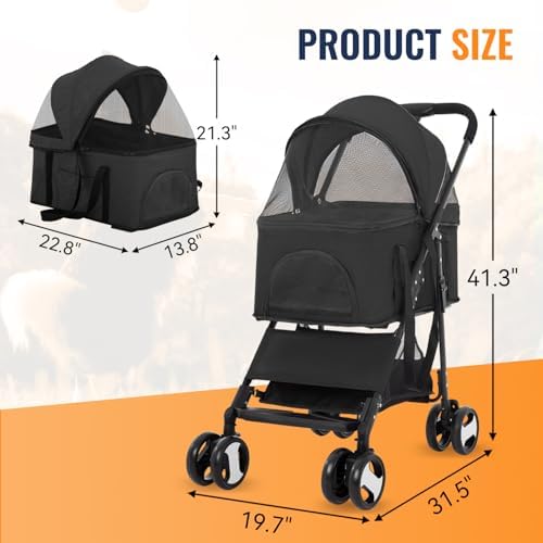 FDW 4-Wheels Multi-Function Dog Stroller Jogger with Detachable Carrier, Lightweight Travel Stroller for Small & Medium Pets, Black