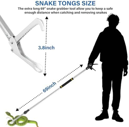 Snake Catcher Grabber, 69" Snake Grabber Tool for Rattlesnake Heavy Duty Professional Reptile Tongs Extra Long with Wide Jaw Handling Tool Stainless Steel Tube Sponge Handle