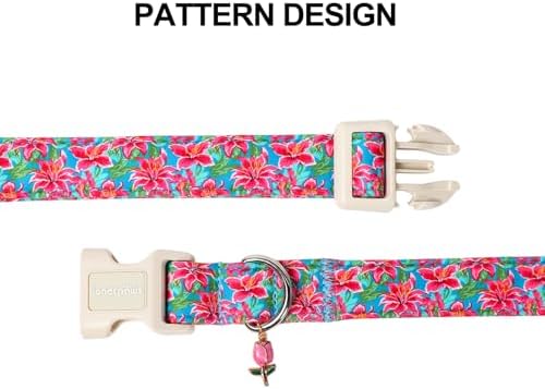 Lionet Paws Floral Dog Collar Summer Lily Collars with Pink Lilies Pattern Pendant - Female Girl Dog Collar for Medium Large Dogs L