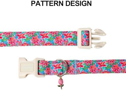 Lionet Paws Floral Dog Collar Summer Lily Collars with Pink Lilies Pattern Pendant - Female Girl Dog Collar for Medium Large Dogs L