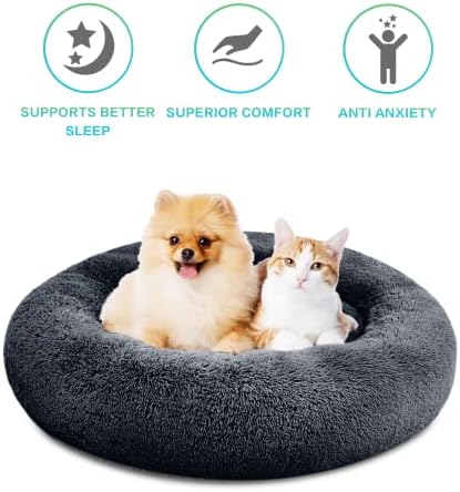 SAVFOX 45 inches Calming Donut Dog Bed - 3X Durable Plush Faux Fur, Machine Washable & Non-Slip, Fits up to 150 lbs, Dark Grey