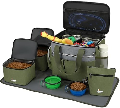 Dog Travel Bag for Pet Kit for Supplies with 2 Food Storage Containers 2 Collapsible Bowls 1 Feeding Mat 1 Dog Treat Pouch 7-Piece Set Perfect Road Trips Camping Weekend (Olive Green)