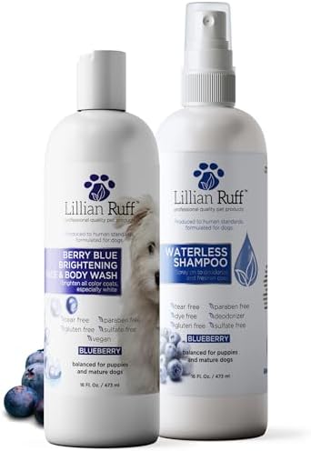Lillian Ruff PRO Formula Berry Blue Brightening Dog Shampoo + Blueberry Waterless Dog Shampoo - Professional Whitening, Tear Stain Remover & No-Rinse Hydrating Odor Control, Aloe+Coconut Oil, USA Made