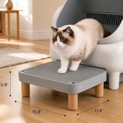 Litter Box Step, Litter Box Ramp/Catcher with Wooden Base, Anti-Tracking & Easy to Clean, Ideal for Big Cats and Automatic Litter Boxes 15.8" x 11.8" x 5.9" (Gray)