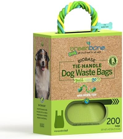 Greenbone Poop Bags for Dogs with Handles Unscented with Bonus Rope Pet Toy, 200 Count on Single Roll, Plant Based