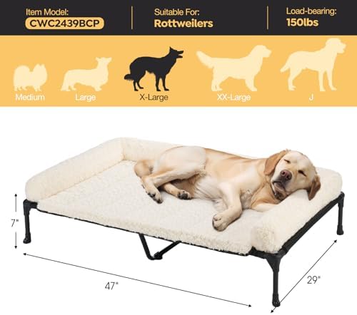 Veehoo Orthopedic Elevated Dog Bed Add Removable Deluxe Rose Plush Bolster Cushion Mat, 47" x 29" Washable Dog Couch Bed, Raised Pet Cot with Breathable Teslin Mesh, No-Slip Feet, White, CWC2439B
