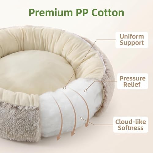 Calming Donut Pet Bed, Fluffy Long Fur Outer & Short Fur Inner, Sweat-Free & Cozy, Non-Slip Bottom, for Small Medium Dogs, Cats, Puppies & Kittens (Brown, 19.7 in)