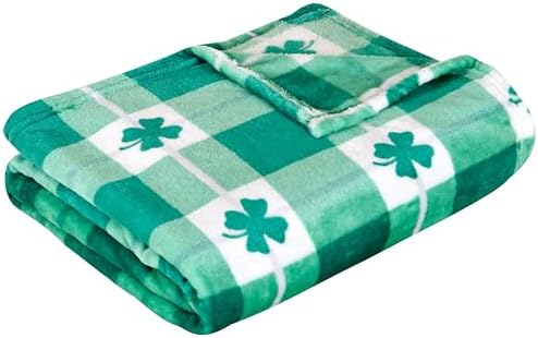 Elegant Comfort Velvet Touch Ultra Plush St Patricks Day Lucky Spring Green Clover Shamrock Irish Printed Fleece Throw/Blanket-50 x 60inch, Lucky Plaid Clover