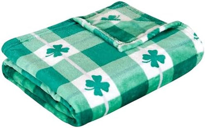 Elegant Comfort Velvet Touch Ultra Plush St Patricks Day Lucky Spring Green Clover Shamrock Irish Printed Fleece Throw/Blanket-50 x 60inch, Lucky Plaid Clover