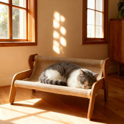 AMEIR Cat Lounger Scratcher Cats Sisal Chair, Pet Scratch Lounge, Wooden Cat Bed Rocker, 2-in-1 Kitten Scratch Pad and Lounger, Wear Resistant Scratching Sisal Chair for Cats