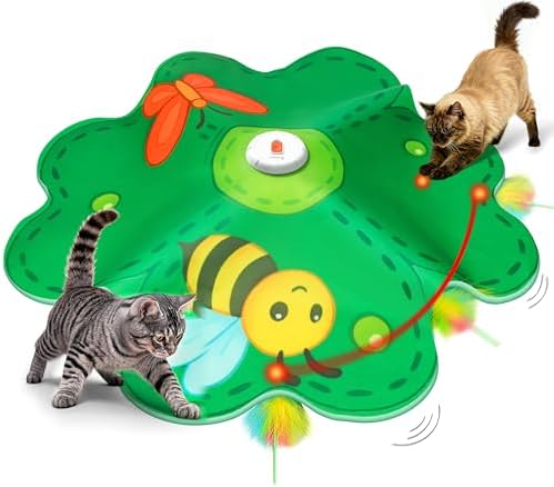 FEELNEEDY Rechargeable Cat Toys, 2 in 1 Hide and Seek Game Interactive Cat Toy, Movable LED Red Dot, Concealed Feathers, Durable Exercise Toys for Indoor Cats, Bored Adult Cats Wand Toy, Green