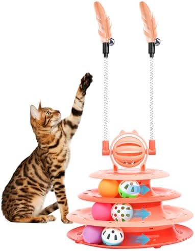 Goosheep Cat Toy Interactive Pet Plaything for Indoor Kitten Interactive Kitty Puzzle Ball with 2 Cat-Tease (Orange)